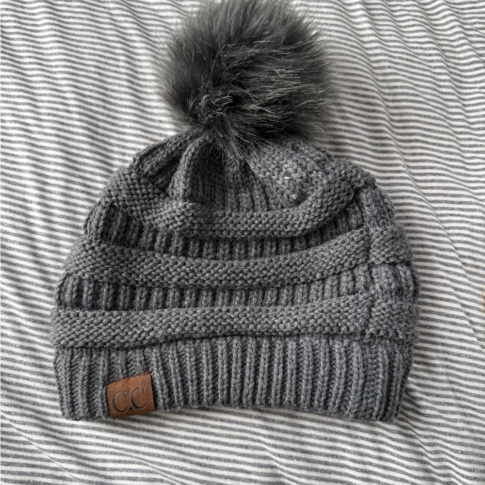 Cc Charcoal Knit Hat with Pom-Pom